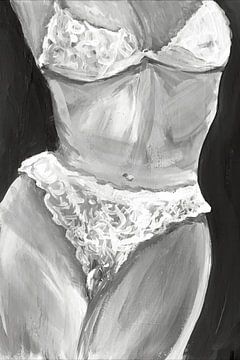 Vrouw in lingerie schilderij grijstinten van Krista Kitsz Art