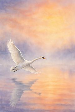 Schwan im Flug bei Sonnenaufgang (AI) (Wasser, Reflexion, Natur, Nebel, Pastellfarben, Malerei) von Natalie Bruns