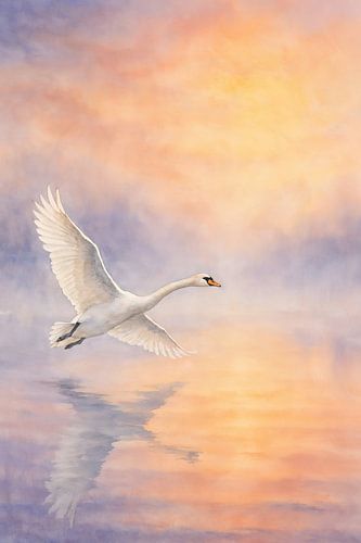 Swan in flight at sunrise (AI) (water, reflection, nature, fog, pastel colours, painting) by Natalie Bruns