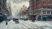 Painting of snowy street in New York city in early 20th century (KI)