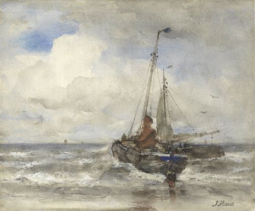 Twee vissersschepen bij het strand, Jacob Maris