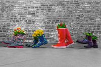 Rubberen laarzen met lentebloemen voor een grijze muur