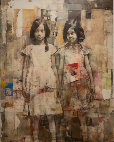 Moderne én vintage collage: portret van twee meisjes