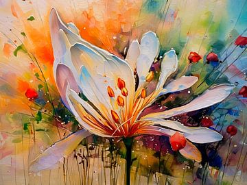 Mixed media schilderij van een Agapanthus (Afrikaanse Lelie) van Studio Pieternel