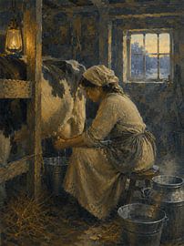 Evening Milking in the Barn – Rustic Countryside Wall Art by MARTINA KUSUMA DEWI