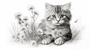 süße junge Katzenzeichnung, Katzen Bleistiftzeichnung im Vintage-Stil.