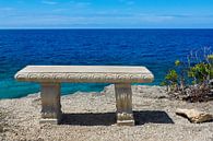 Lege betonnen bank aan kust van het eiland Bonaire met blauwe zee van Ben Schonewille thumbnail
