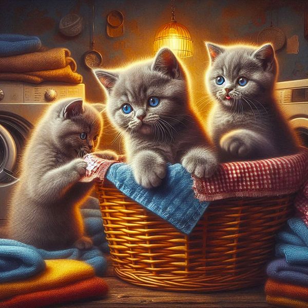 3 chatons british shorthair dans un panier à linge par Bernhard Karssies