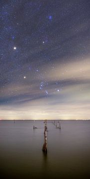 The constellation Orion over a fishing site near Wieringerwerf