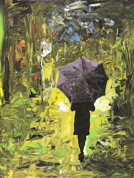 Walking in the rain (abstrakte Acrylmalerei Regenschirm zeitgenössischen regen zu Fuß Straße gelb) von Natalie Bruns