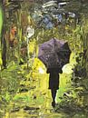 Marche sous la pluie (peinture acrylique abstraite parapluie pluie contemporaine marche rue jaune) par Natalie Bruns Aperçu