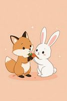Cartoon fox and rabbit share a carrot illustration