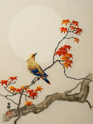 Japanischer Pestvogel auf einem Ahornbaum. Serie: Japanische Vintage-Drucke von Studio Pieternel