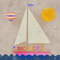 Stuffed animals in sailboat at sea