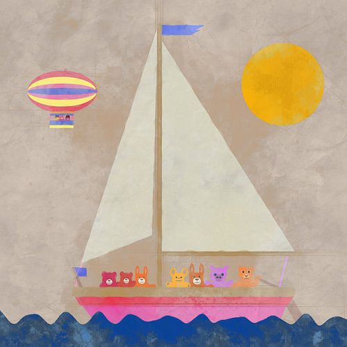 Ausgestopfte Tiere in einem Segelboot auf See