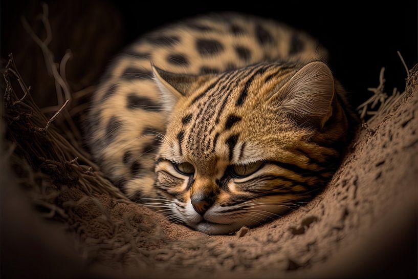 Black-footed cat sleeping comfortably in the sand by Surreal Media