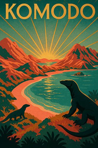 Komodo National Park Poster – Vintage Dragon & Pink Beach Landscape