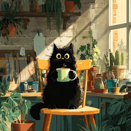 Schwarze Katze mit Tasse im Sonnenlicht