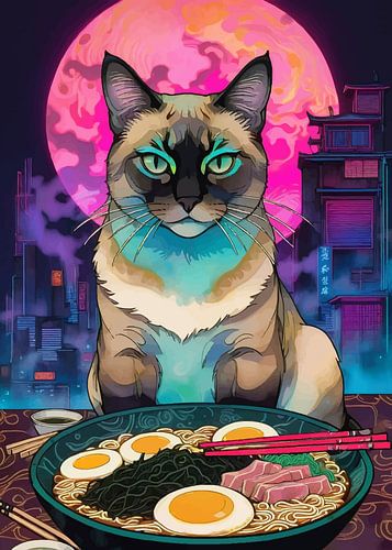 Siamese kat die Ramen Noodle eet