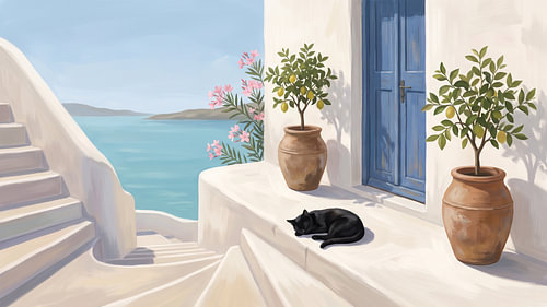 Le chat noir endormi près de la porte bleue