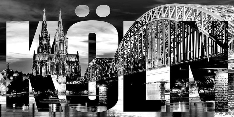 Cologne with Hohenzollern bridge and cathedral black white by Bass Artist