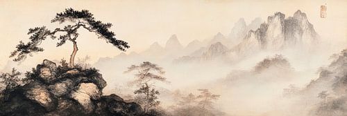 Solitaire den op rots in mistige vallei Japandi panorama