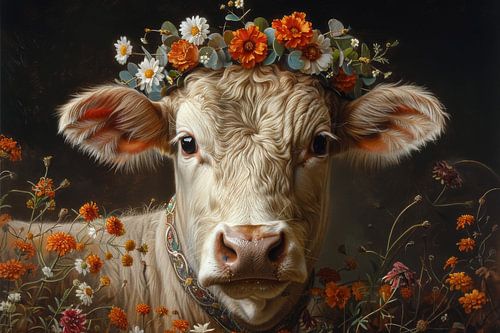 Bloemendecoraties en boerenidylle: een koe met een bloemenkrans als toonbeeld van landelijke schoonheid