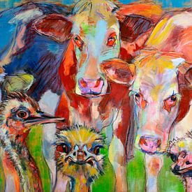 Cows and ostriches, cheerful painting by Liesbeth Serlie