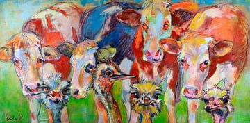 Kühe und Strauße, fröhliche Malerei von Liesbeth Serlie