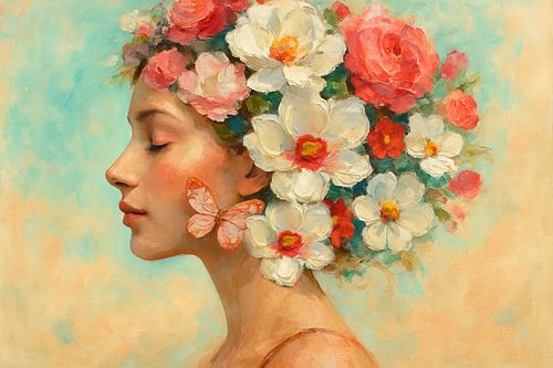 Dromerige vrouw met bloemenkroon en vlinder