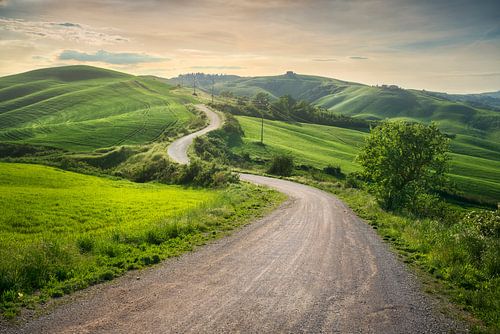 Kronkelende weg op het Toscaanse platteland. Siena, Italië