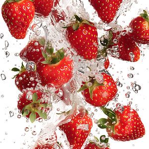 Nahaufnahme von Erdbeeren, die ins Wasser fallen
