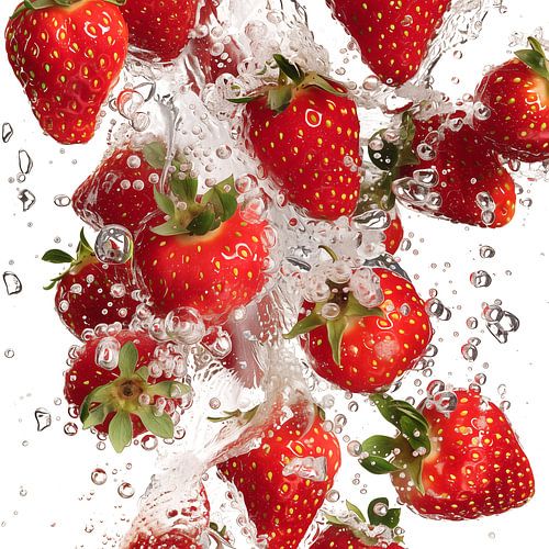 Close up van aardbeien die in het water vallen