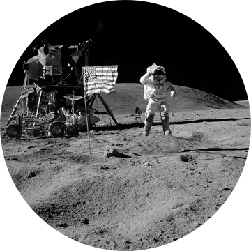 Astronaut van de Apollo 16 en de vlag van de Verenigde Staten op de maan. van Dina Dankers
