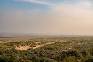 Sonnenaufgang mit Nebel in den Dünen an einem sonnigen Sommermorgen