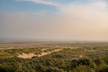 Zonsopgang met mist in de duinen tijdens een zonnige zomerochtend van Sjoerd van der Wal