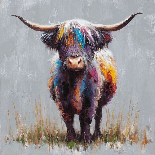 Scottish Highlander in Colourful Contrast on Grey Background