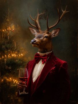Elegant winterportret van een stijlvol rendier met rood fluwelen jasje en feestelijke kerstsfeer