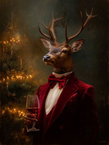 Elegant winter portrait of a stylish reindeer with red velvet jacket and festive Christmas spirit
