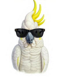 Cacatoès blanc avec des lunettes de soleil, œuvre d'art numérique réalisée à partir d'un dessin peint, isolée sur fond blanc