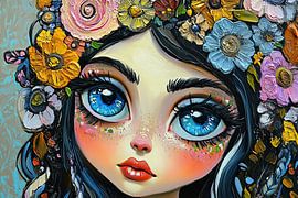 Grands yeux bleus | Fille aux fleurs sur Peintures accrocheuses