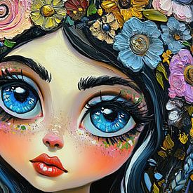 Grote blauwe ogen | Bloemen meisje van Blikvanger Schilderijen