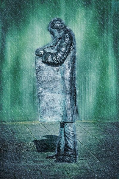 De sigarettenman in de regen (kunst, Vlissingen) van Art by Jeronimo