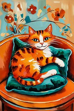 Cat on colourful cushion by Art & Soul Creations