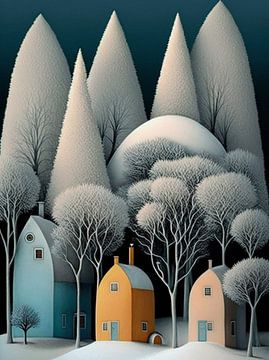 winterlandschap huizen surrealistische droomwereld eenzaamheid abstract van gm_designs