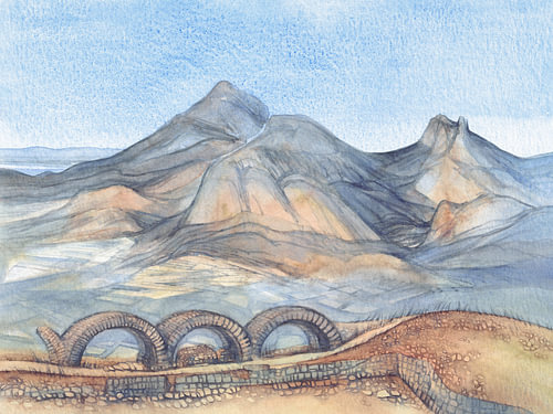 Schilderachtig berglandschap met stenen bogen