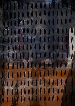Modern abstract. Zwart patroon op roestbruin en blauwgrijs. van Dina Dankers