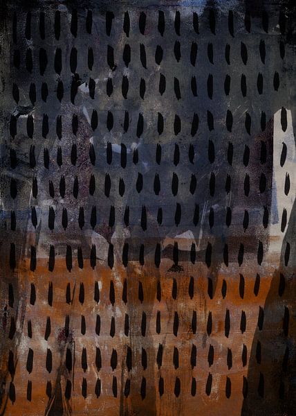 Moderner Abstrakt. Schwarzes Muster auf rostbraun und blaugrau. von Dina Dankers