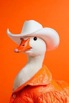 Chicks in cowboy look in front of orange by Poster Art Shop