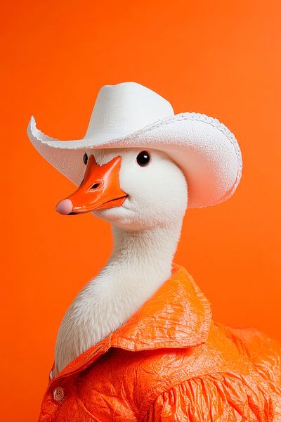 Poussin au look de cow-boy devant l'orange par Poster Art Shop